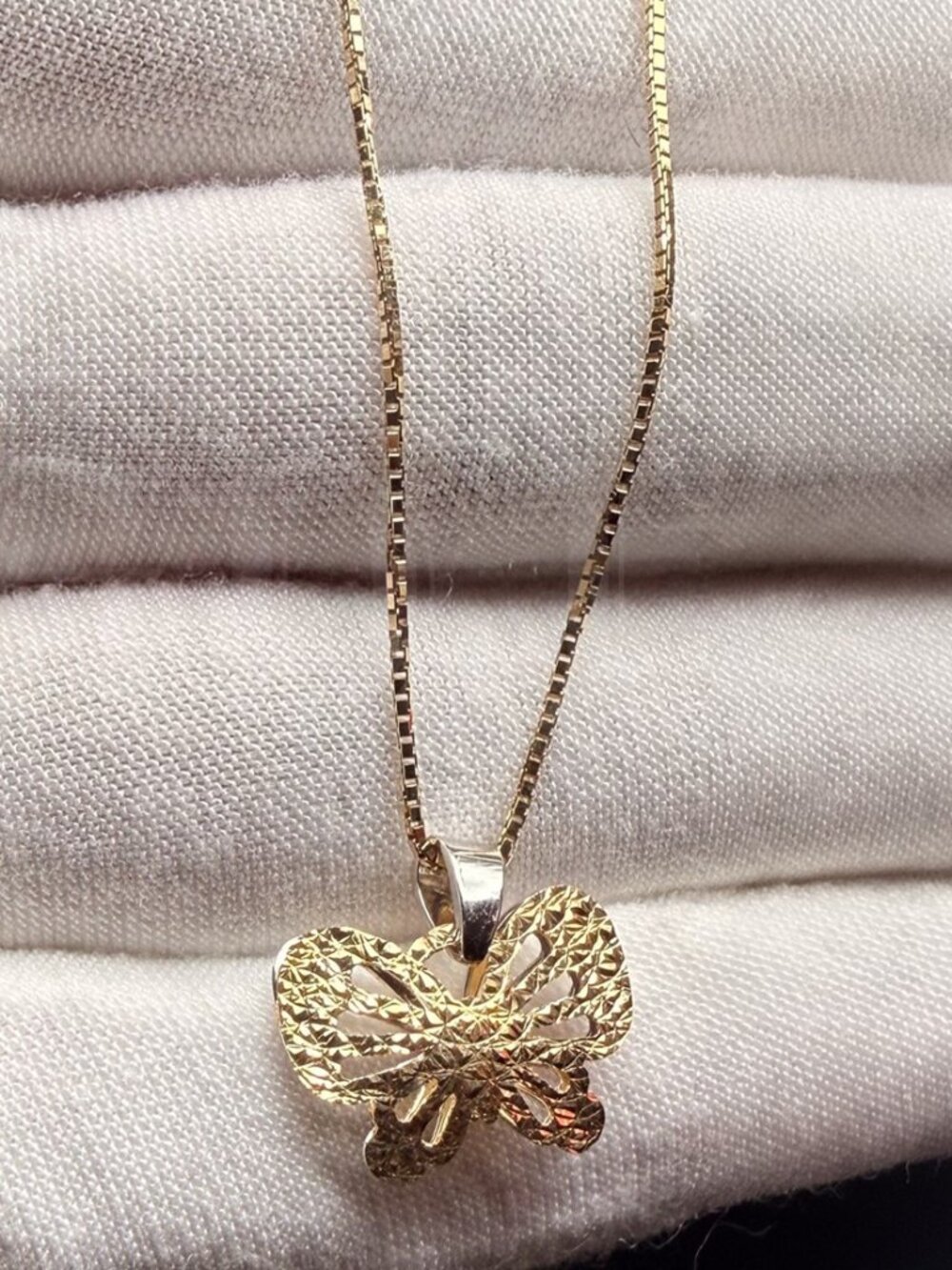 14K Two Tone Gold Butterfly Pendant With 0.8mm Box Chain - 20 inch
